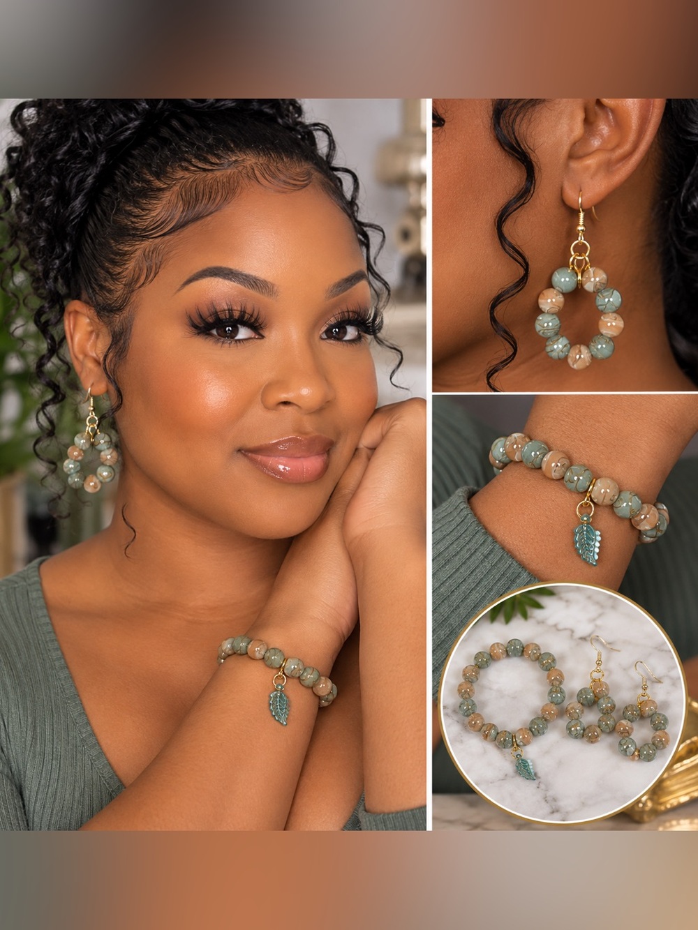 Hand Crafted Sage Green and Peach Beaded Bracelet with Hoop Earrings Set